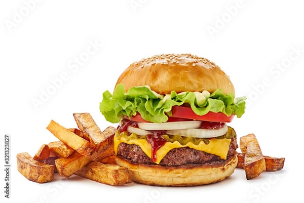 Obraz Hamburger with french fries on white