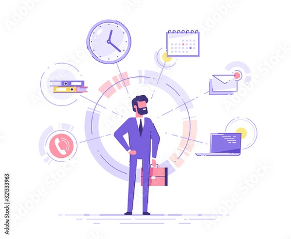 Fototapeta Businessman is standing and holding briefcase with office icons on the background. Multitasking and time management concept.  Effective management. Vector illustration.