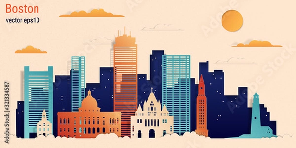 Fototapeta Boston city colorful paper cut style, vector stock illustration. Cityscape with all famous buildings. Skyline Boston city composition for design.