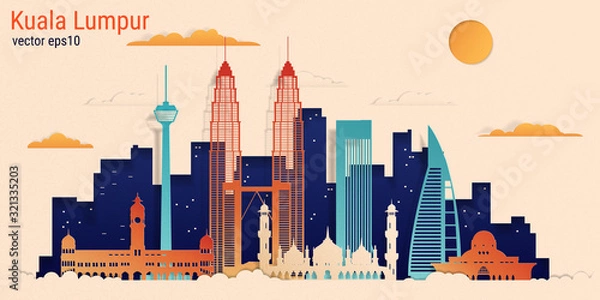 Obraz Kuala Lumpur city colorful paper cut style, vector stock illustration. Cityscape with all famous buildings. Skyline Kuala Lumpur city composition for design.