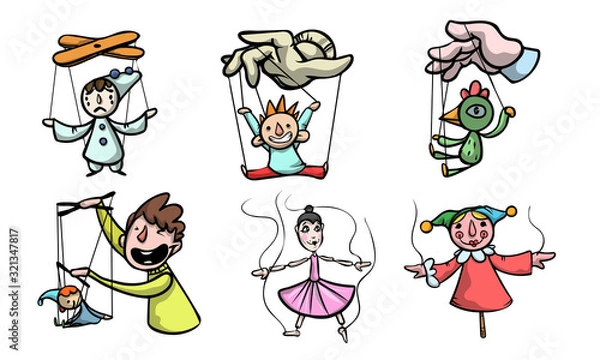 Fototapeta Zestaw ilustracji wektorowych lalek, marionetek i mistrzów lalek
