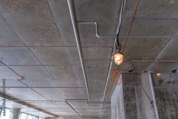Obraz Fire protection system, sprinkler fire pipeline installation under ceiling.