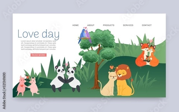 Obraz Couples in love cartoon animal lovers characters panda, lions, foxes and pigs on loving date on Valentines day loved vector illustration. Love day in forest animals.