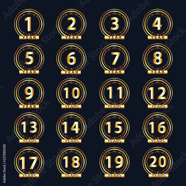 Fototapeta Set of gold numbers from 1 to 20 and the word of the year decorated with a circle of stars