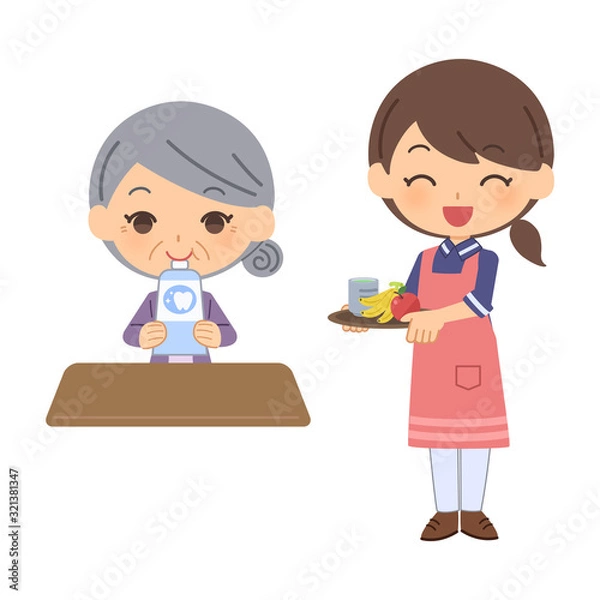 Fototapeta 認知症女性に別の食べ物を差し入れる女介護士