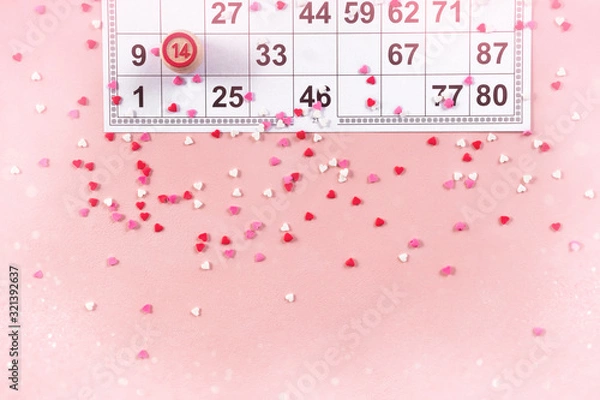 Fototapeta Lotto ticket with wood barrel 14 number on pink hearts background. Valentines day 14 february minimal concept. bokeh effect