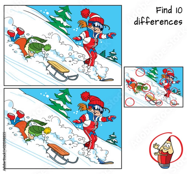 Fototapeta Winter holidays. Little girl is snowboarding and little boy is sledding . Find 10 differences. Educational matching game for children. Cartoon vector illustration