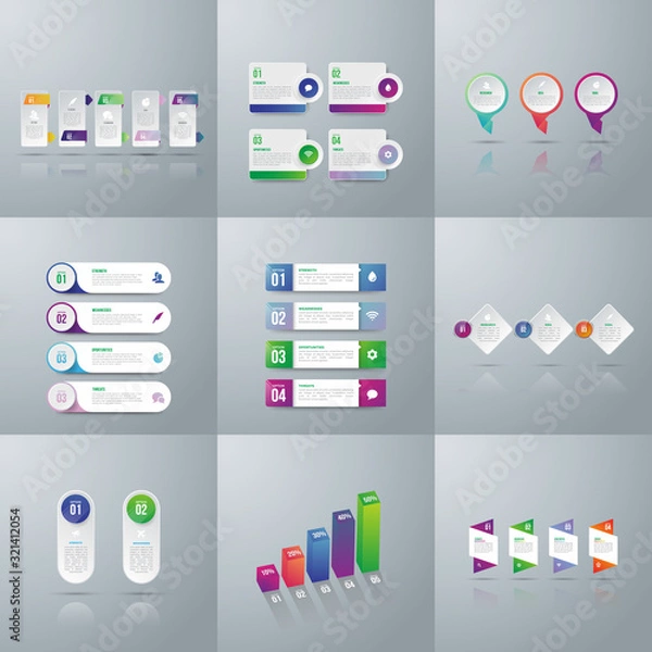 Obraz Infographic elements. Set of infographic design layouts with 9 option. Round diagrams, workflow and flowcharts, thin line icons and place for text. bar and line charts, -Vector..