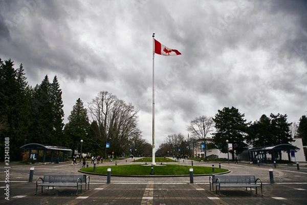 Obraz Canadian Flag Flying in the wind on a Cloudy day in a University Campus 