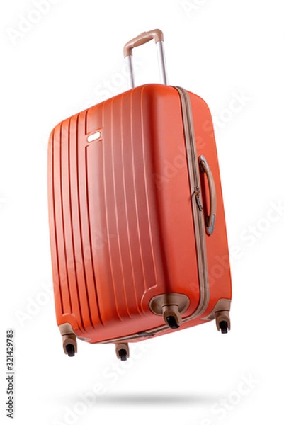 Obraz Orange flying suitcase isolated on white background