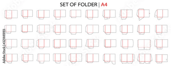 Obraz Folder set tempale with gusset die cut stamp. Empty folder shablon template for A4 documents and business card with lock. Vector black isolated circuit, line folder for die cutter on white background.