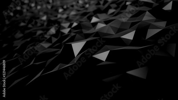 Obraz abstract background black dark low poly triangles . geometric shapes technical science wallpaper , glamour fashion sparkle of bloom defocus bokeh dots . raster render 3d 4k