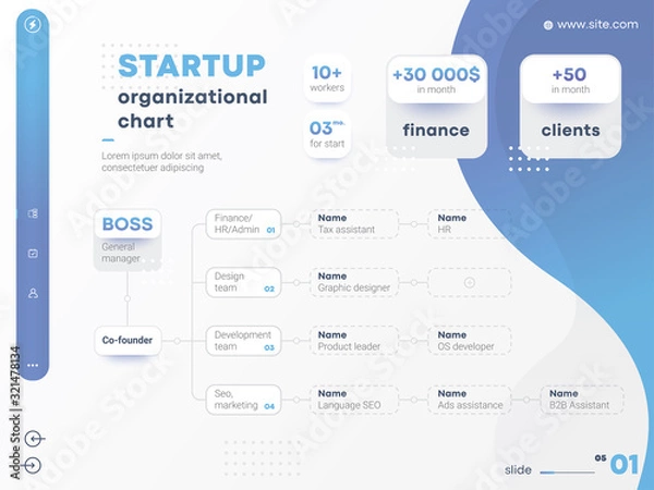 Fototapeta Starup structure of the company. Business hierarchy startup organogram chart infographics. Corporate startup organizational structure graphic elements. 