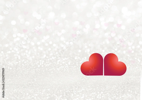 Fototapeta White texture background with glittering sparkles and two red hearts. Festive glitter background.