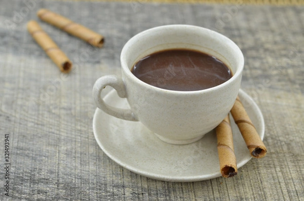 Fototapeta Breakfast with waffles roll and hot cocoa