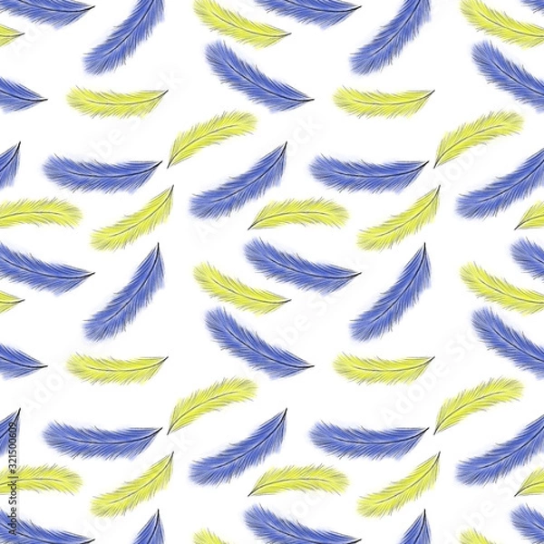 Fototapeta Seamless pattern of blue and yellow feathers on white background.  Hand drawing. Print, packaging, wallpaper, textile, fabric, ornament design