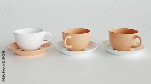 Fototapeta Three colorful cups side by side - 3D rendering