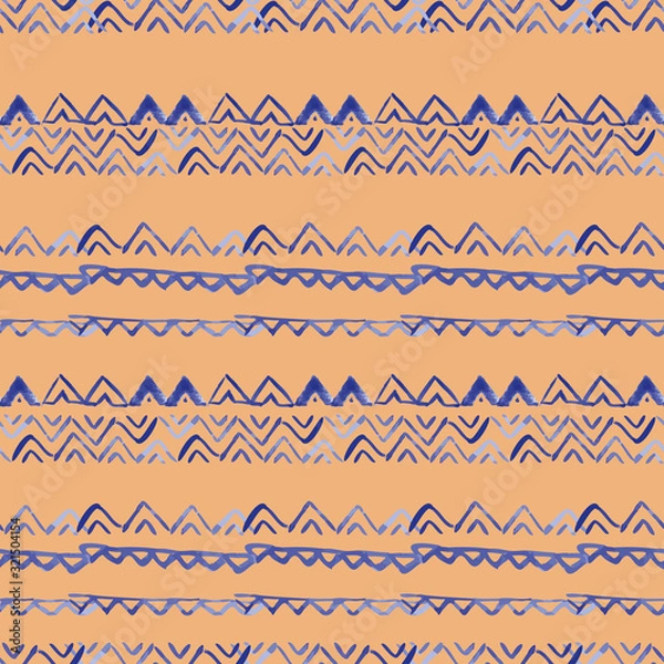 Obraz Vector seamless pattern ethnic indigo watercolor with white and blue triangles and ocher yellow background.
