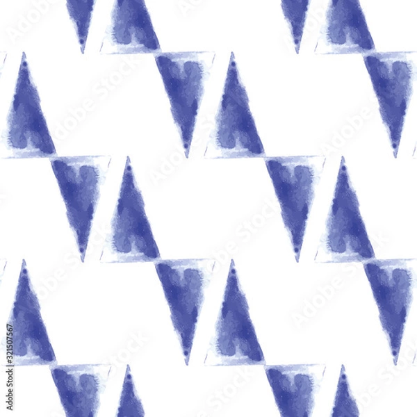 Obraz Vector seamless pattern ethnic indigo watercolor with blue triangles and white background.