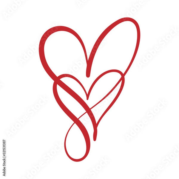Fototapeta Two flourish red lovers heart. Valentine card handmade vector calligraphy. Decor for greeting card, photo overlays, t-shirt print, flyer, poster design