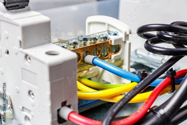 Fototapeta Fragment of assembled electrical panel with colored wires close-up