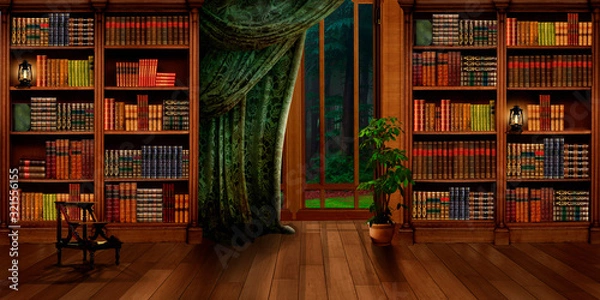 Fototapeta Shelving with books. Library. Stepladder library. Collection of books. Space expansion