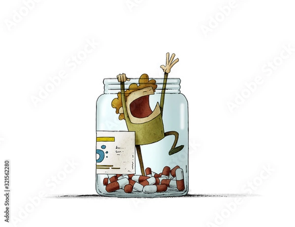 Obraz man trapped in a bottle of pills tries to scream for help. isolated