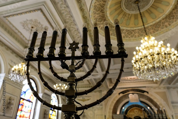 Obraz Menorah and interior decorations of Moroccan synagogue in Casablanca. 