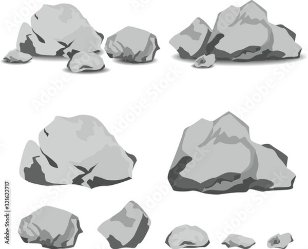 Fototapeta Set of rocks and stones in cartoon style isolated on white background. Vector Illustration.