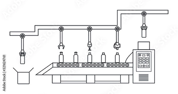 Fototapeta Atomated food production line concept. Conveyor belt production system. Thin line style illustration.