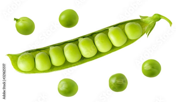 Obraz Fresh ripe green pea open pod with seeds isolated on white background