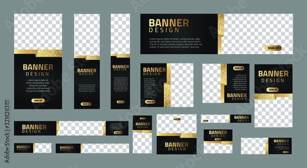 Fototapeta set of luxury banners in standard size with a place for photos. Vertical, horizontal and square template with golden glitter and black color. vector illustration EPS 10