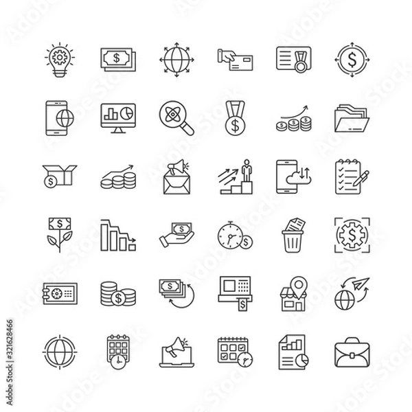 Fototapeta Business icon thin line set in flat style. Make money stroke vector illustration on white isolated background. Media internet linear business concept.