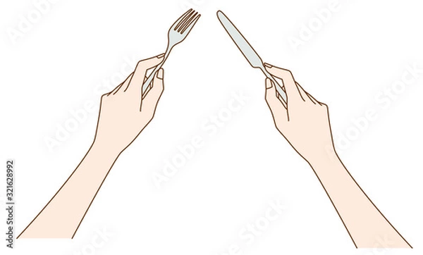 Obraz フォークとナイフを持つ女性の手元