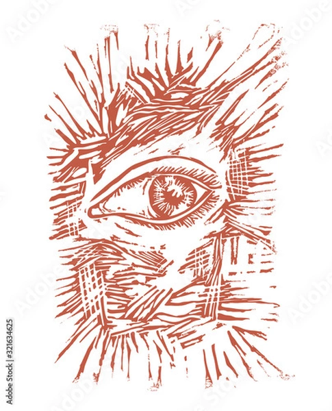 Fototapeta Ink graphic illustration of human eye in linocut style. Design drawing
