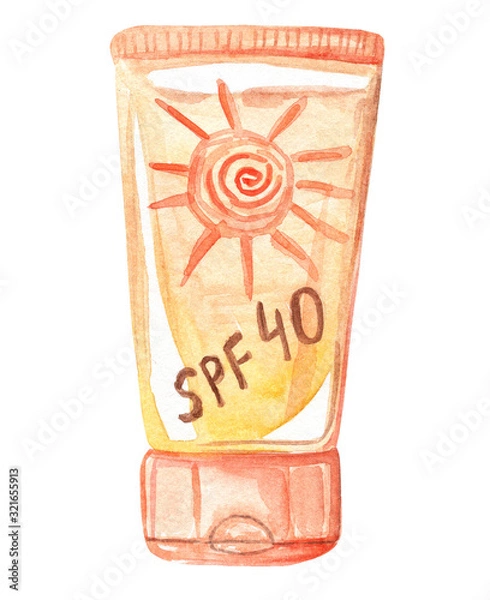 Fototapeta akwarela ręcznie rysowane rurki pomarańczowy krem ​​do opalania ze słońcem na białym tle. Kosmetyki przeciwsłoneczne SPF 40, preparat do pielęgnacji skóry