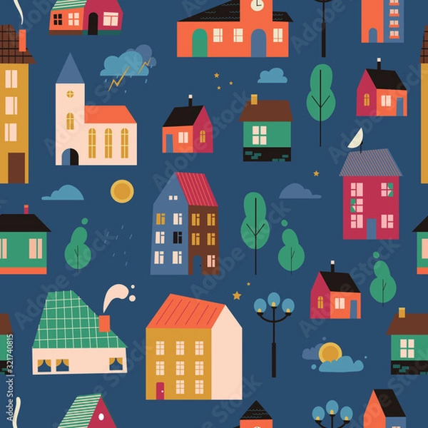 Obraz Vector small tiny houses pattern, cover - streets with building, trees and clouds. 