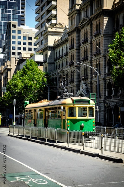 Fototapeta Famous Melbourne city cycle trams with tour groups at Australia