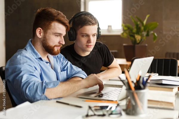 Fototapeta Education concept. Mates networking internet on laptop