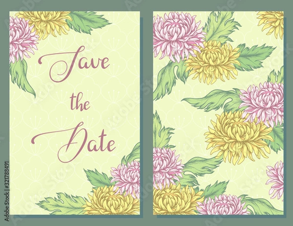 Fototapeta Save the date. Card / template with pink and yellow chrysanthemums