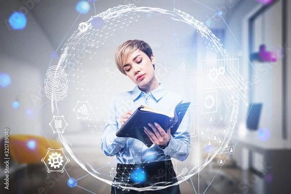 Fototapeta Asian woman with notebook in office, network GUI