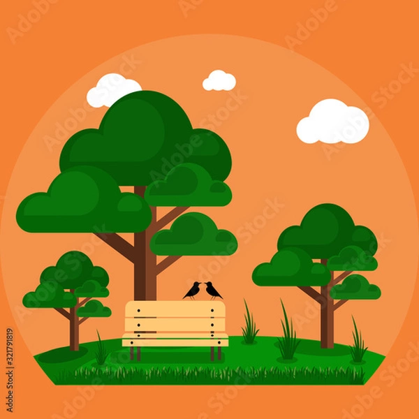 Fototapeta Small Park with Bench and Trees Design Vector