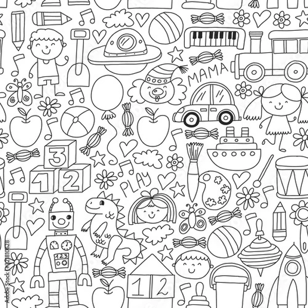 Obraz Kindergarten preschool school children. Kids drawing style vector pattern. Play grow learn together.