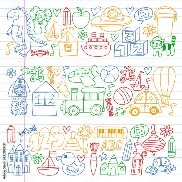 Obraz Kindergarten preschool school children. Kids drawing style vector pattern. Play grow learn together.