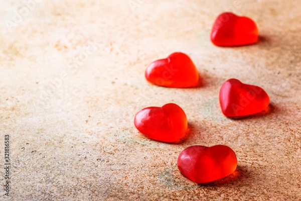 Fototapeta Valentines Day background with red hearts. Holidays card with copy space