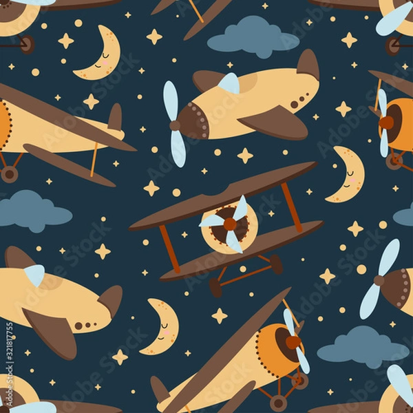 Obraz seamless pattern with plane in the night sky - vector illustration, eps