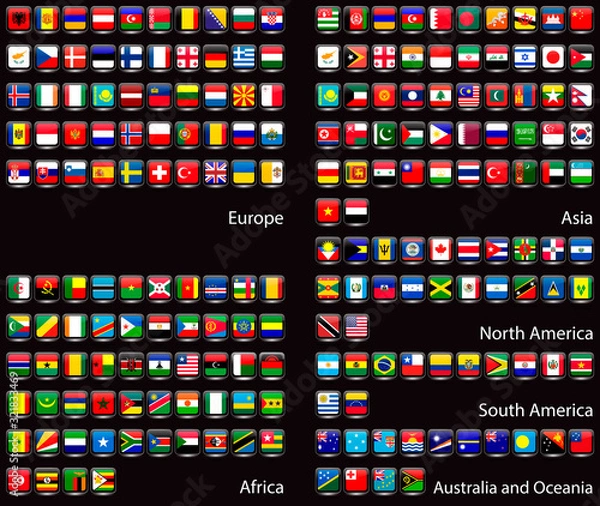 Fototapeta Collection of flags of countries around the world on a black background. Europe, Asia, North America, South America, Oceania, Africa. Icons for websites. The glass effect and transparency. Complete co