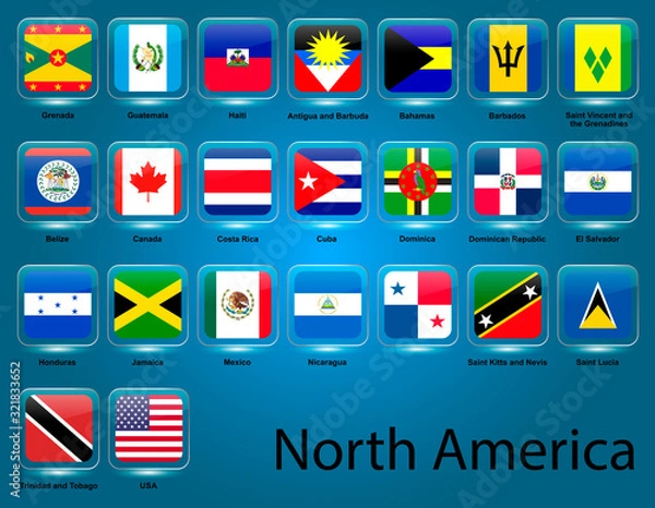 Fototapeta Collection of flags of North America. USA, Canada, Bahamas, Aruba, Saint Kitts and Nevis, Barbados, Antigua and Barbuda, Trinidad and Tobago. Complete collection. Blue background. Vector graphics.