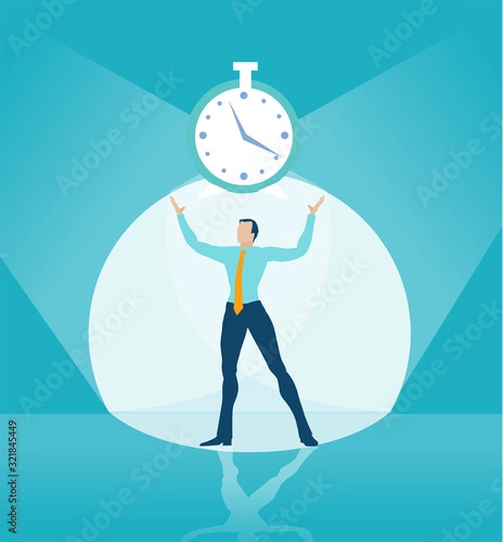 Fototapeta Businessman holding up clock at stage as symbol of winning and controlling situation. 
