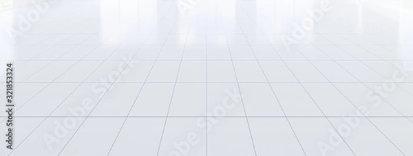 Obraz White tile floor background in perspective view. Clean, shiny and symmetry with grid line texture. For decor bathroom, kitchen and laundry room. And empty or copy space for product display. 3d render.